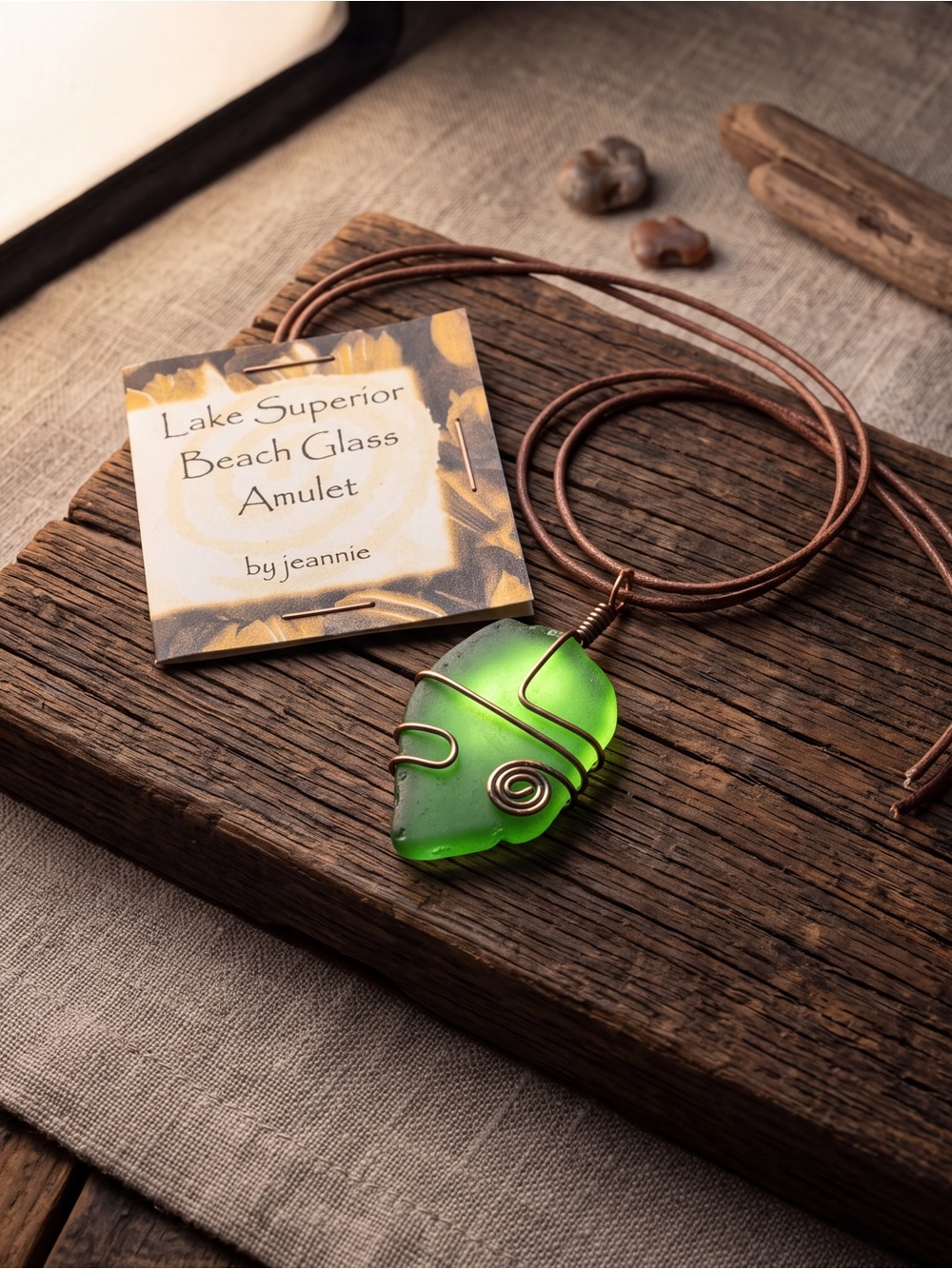 NWT Handmade Lake Superior Green Beach Glass Wire Wrapped Amulet Necklace